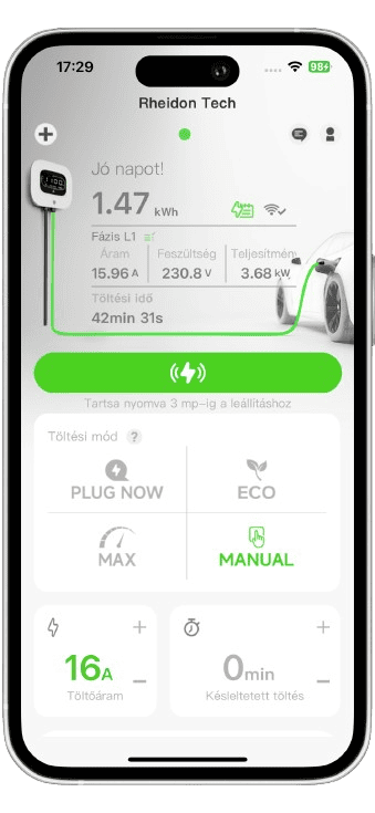 Rheidon Wallbox elektromos autó fali töltő csomag | 11 kW – 3x16A | 6 m – Type 2 9 Rheidon app — élő töltésvezérlés