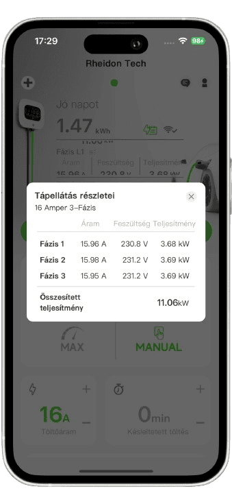 Rheidon Wallbox elektromos autó fali töltő csomag | 11 kW – 3x16A | 6 m – Type 2 10 Rheidon app — 3 fázisú fogyasztás