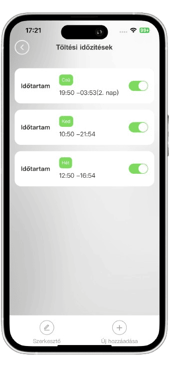 Rheidon Wallbox elektromos autó fali töltő csomag | 11 kW – 3x16A | 6 m – Type 2 11 Rheidon app — töltési időzítések