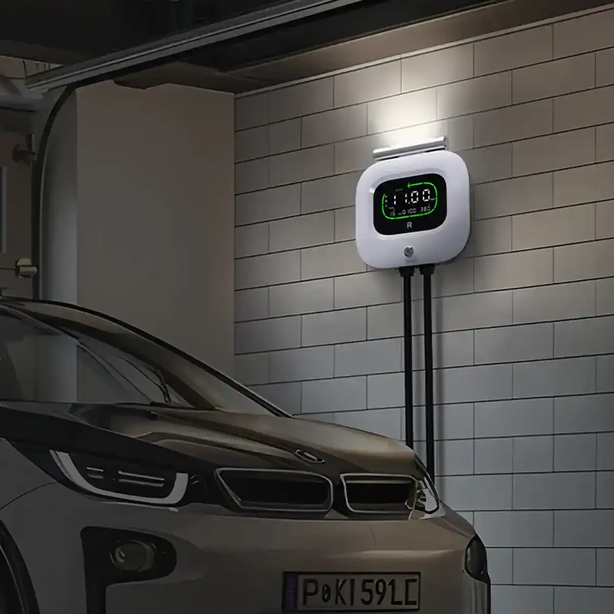 Garázsban falra szerelt Rheidon Wallbox elektromos autóval
