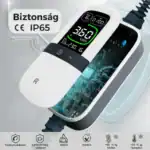 Rheidon PC200 töltő biztonsági jellemzői: CE, IP65, túláramvédelem, túlfeszültség-védelem, vízálló, porálló, hő- és hidegállóság