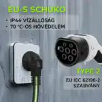 Rheidon PC200 hordozható elektromosautó-töltő EU Schuko csatlakozóval, IP44 vízállóság, 70 °C-os hővédelem és Type 2 (IEC 62196-2) szabvány