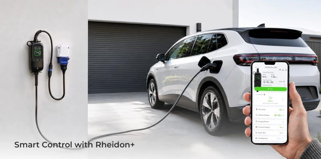 Rheidon PC200 Pro állítható töltőkábel | 7,4 kW – 1x32A | 7,5m – Type 2 6 Rheidon+ app vezérlés: 6–32A állítható töltőáram a PC200 Pro 7,4 kW töltőnél